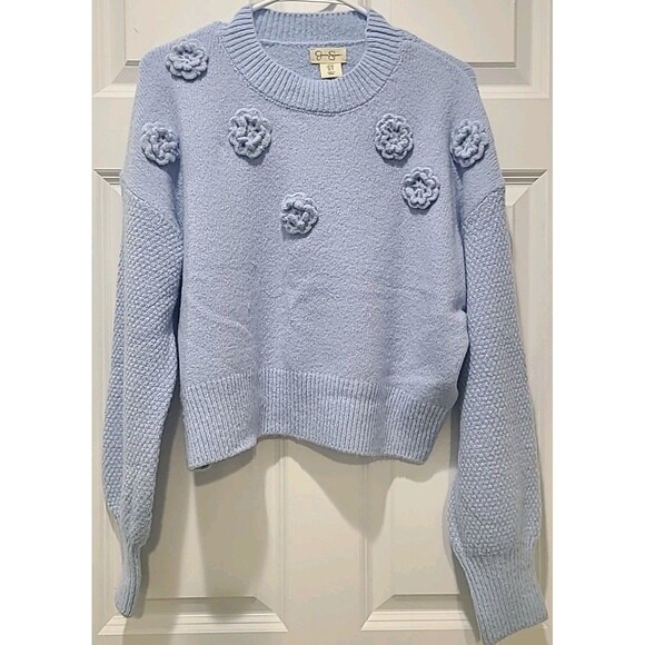 NWT Jessica Simpson Crop Powder Blue Floral Applique Boho Sweater Sz S - Picture 1 of 7